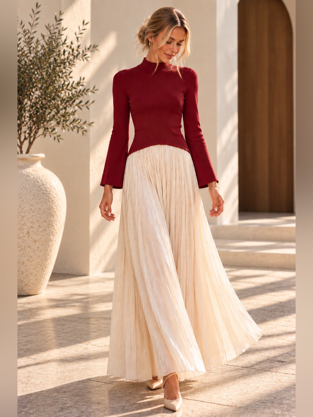 Gorgeous Tuckernuck x Moon River Burgundy and Cream Shirred Mock Neck Dress